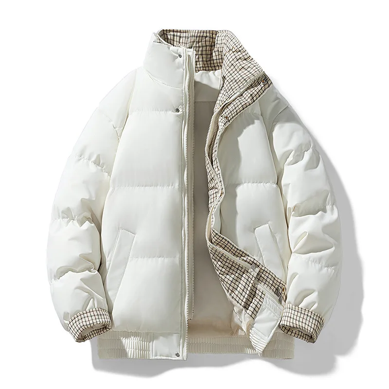 

Men Winter Down Coat Fashion Plaid Patchwork Stand Collar Male Jacket Long Sleeve Zipper Loose Man Fake Two-piece Outerwear