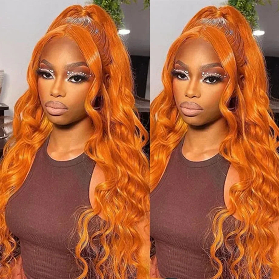 Colored Orange Ginger 30 32 Inch HD Transparent Brazilian Body Wave 13x6 lace front Human Hair Wig Lace Frontal Wig For Women