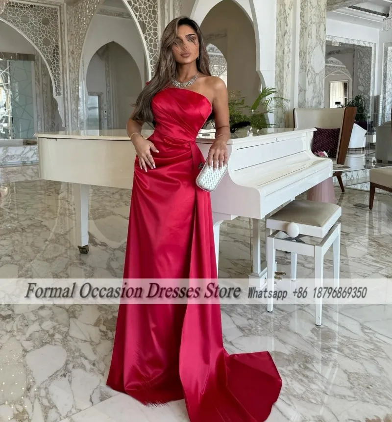 

Formal Dubai Evening Dresses With Train Strapless Pleat Red Prom Gowns Arabic Wedding Party Dress robes de soirée Customized
