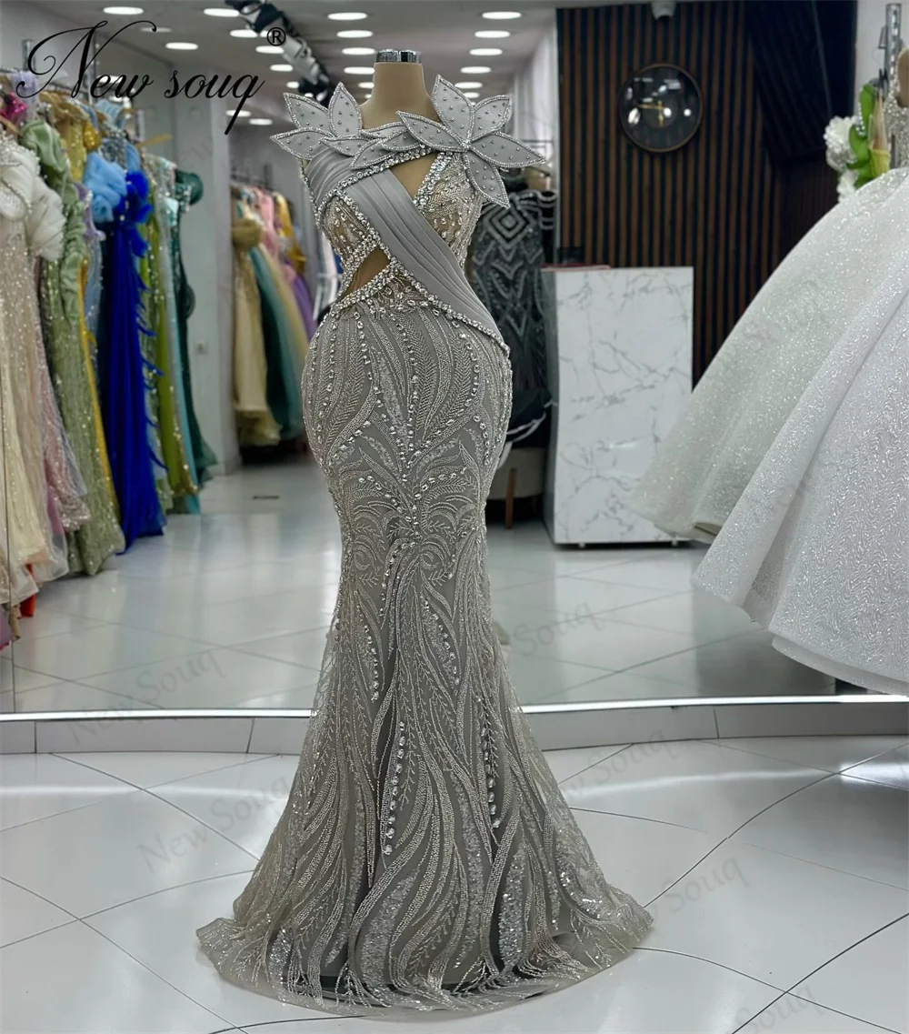 Haute Coutures Grey Mermaid Evening Dresses Birthday Party Second Reception Dress Robes De Soiree Arabic Beaded Birde Prom Dress