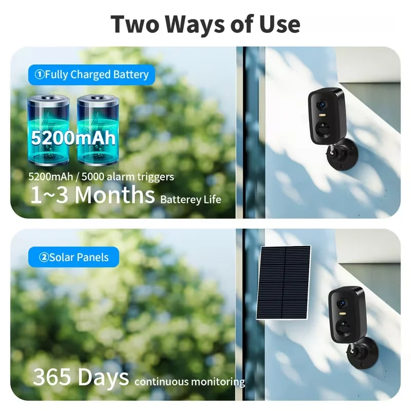 Black Upgraded Solar Security Camera, 3k HD Camera IP65 Waterproof Color Night Vision, 5200mAh Battery WiFi Security Camera With