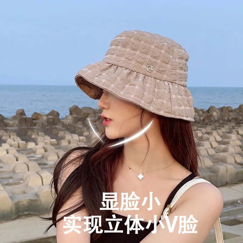 Seersucker Bucket Women's Summer New Face-Looking Small Hat UV Fashion Sun Protection