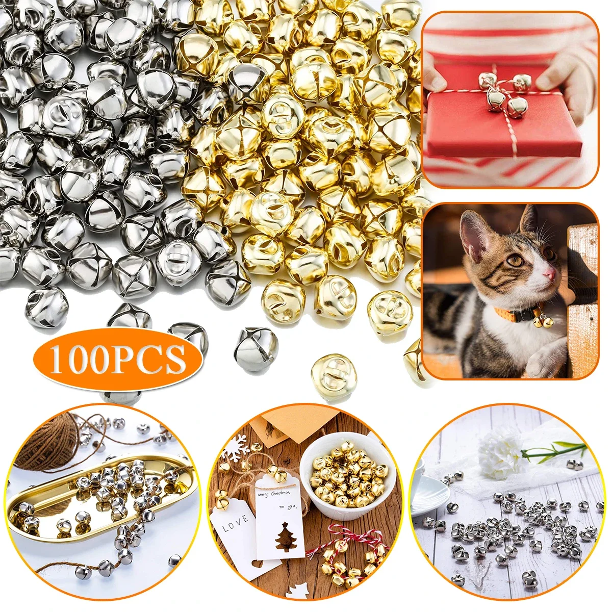 100 Pcs DIY Bells Gold Silver Christmas Jingle Bells for Charms Craft Wreath Wedding Festival Holiday Home Xmas Tree Decoration