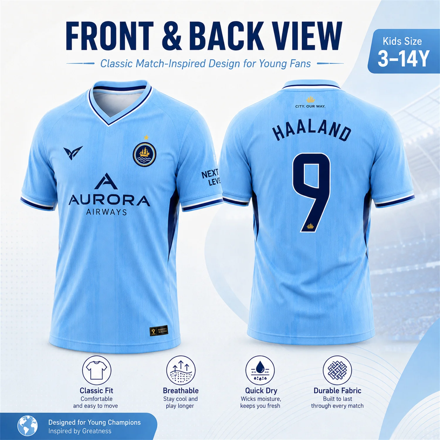 Erwachsenen- und Kinder-Fußballtrikot in Blau, Haaland 9 Fußballshirt, Atmungsaktives, Schnell Trocknendes Kurzarm-Sporttrikot für Jungen und Mädchen, Fan-Top – Detail 7