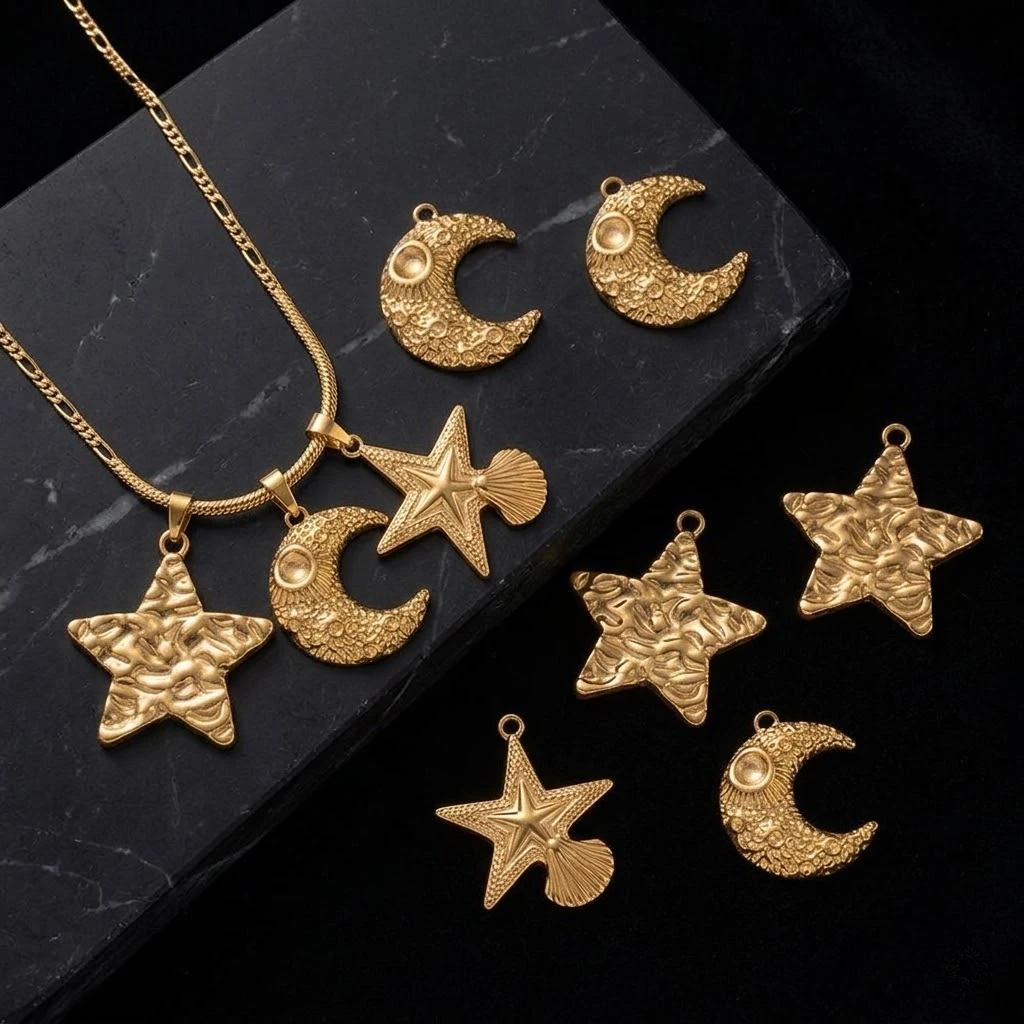 5 Stück Edelstahl Stern- und Mondanhänger für DIY Ohrringe Armbänder Halsketten Charms Schmuckherstellung Zubehör Material Komponenten – Detail 1
