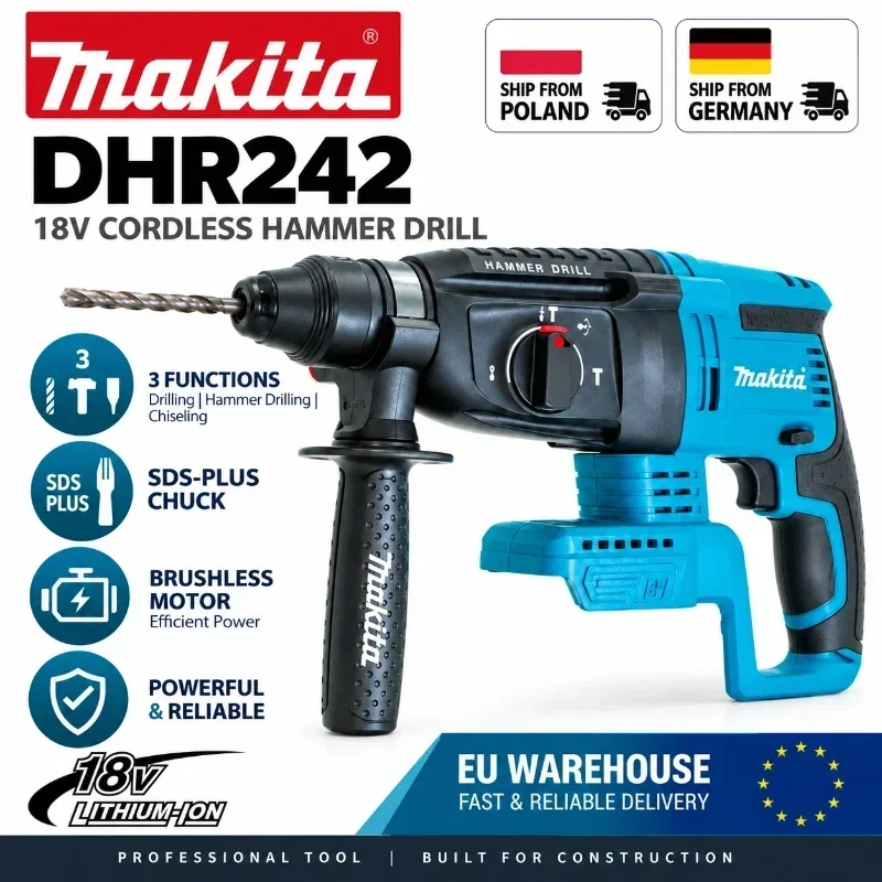 Trapano perforatore a batteria Makita DHR242 18V LXT, senza spazzole, SDS Plus 24mm per calcestruzzo, 4700 IPM, 2.0J, utensile elettrico professionale a 3 modalità per impieghi gravosi, compatibile
