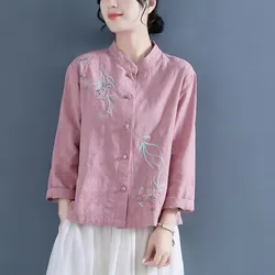 Chinese Style Embroidered Long Sleeve Shirt Women Cotton Linen Stand Collar Tea Clothing Vintage Casual Shirts Women Hanfu Tops