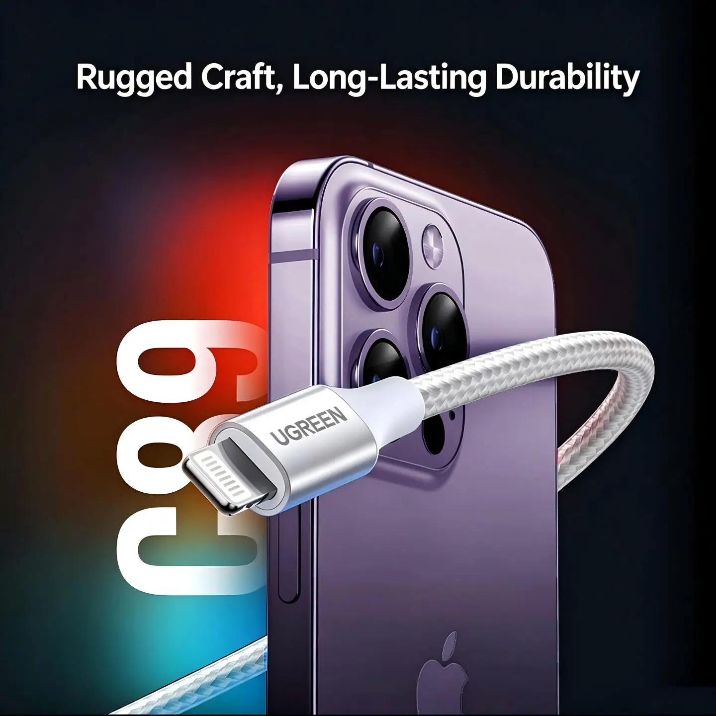 UGREEN MFi – kabel USB Lightning do ładowania urządzeń Apple, kompatybilny z iPadem i iPhone 14, 13, 11, 8. Szybkie ładowanie 12 W, przewód do przesyłania danych, pleciony, krótki i długi, do CarPlay, długość 2 m. — zdjęcie produktu 3