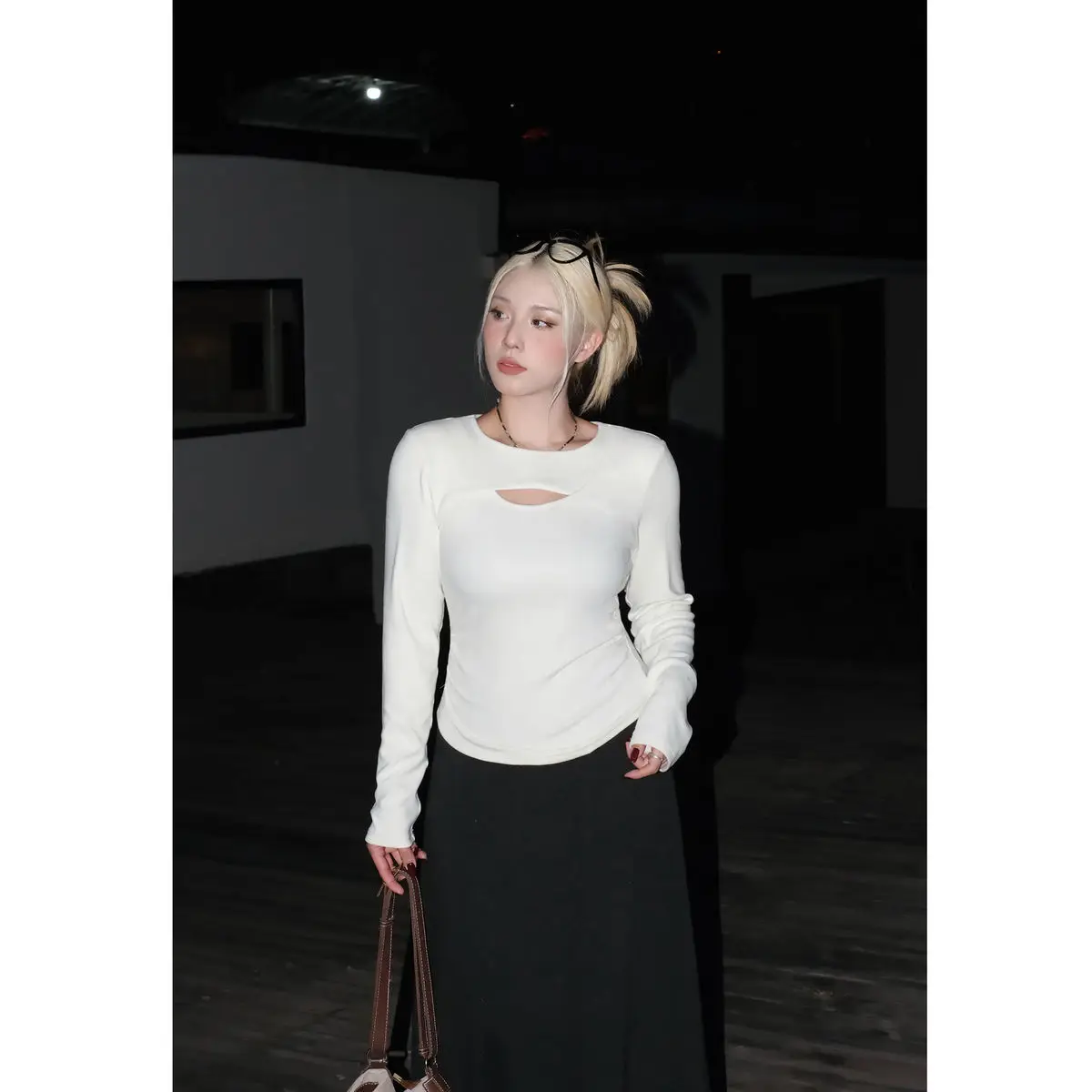 

Sexy Cutout Knit Top Women Long Sleeve Layering Pullover with Short Sleeve Bodycon Figure Hugging Blouse Sheer Mesh Panel Design