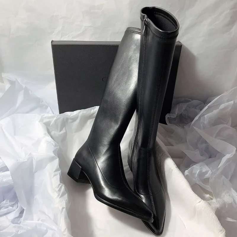 Autumn Woman Pointed Toe Knee-High Boots Comfort Square Heel Stretch Soft Leather Long Booties Trend Women's Mordern Boots