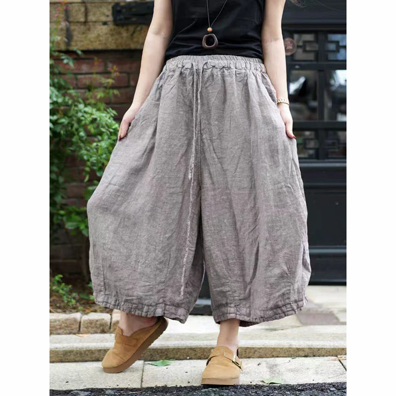 New Arrival Summer Arts Style Women Elastic Waist Loose Calf-length Pants High Quality Cotton Linen Vintage Wide Leg Pants TX139