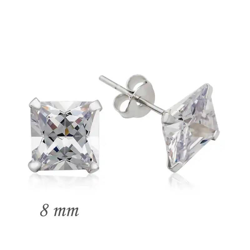 Silver Square Solitaire Zircon Earrings - 8 mm. Zircon Stone 925 Sterling Women for Jewelry Wedding Party Birthday Gift - Box - Fashion Girl Accessories