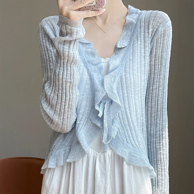 

Tie Front Crop Cardigan Women Ruffled Trim Tie-up Long Sleeve Knit Blouse Sweater Lightweight Beach Cover-up Spring Summer 2026