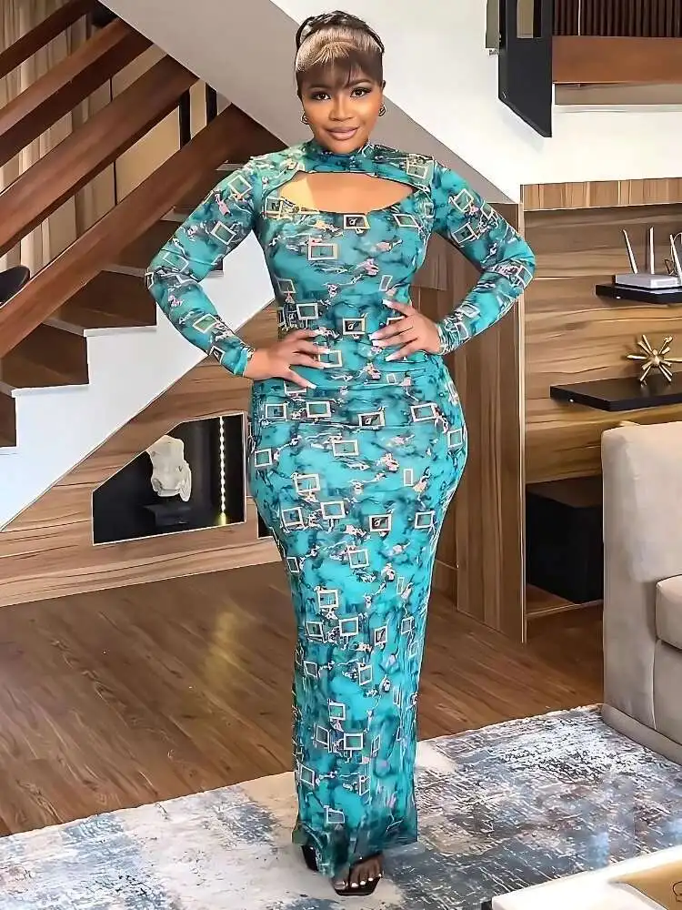 Abiti stampati per le donne Guaina collo mezzo alto tagliato manica lunga alla caviglia blu Ral abiti da sera aderenti sexy da sera