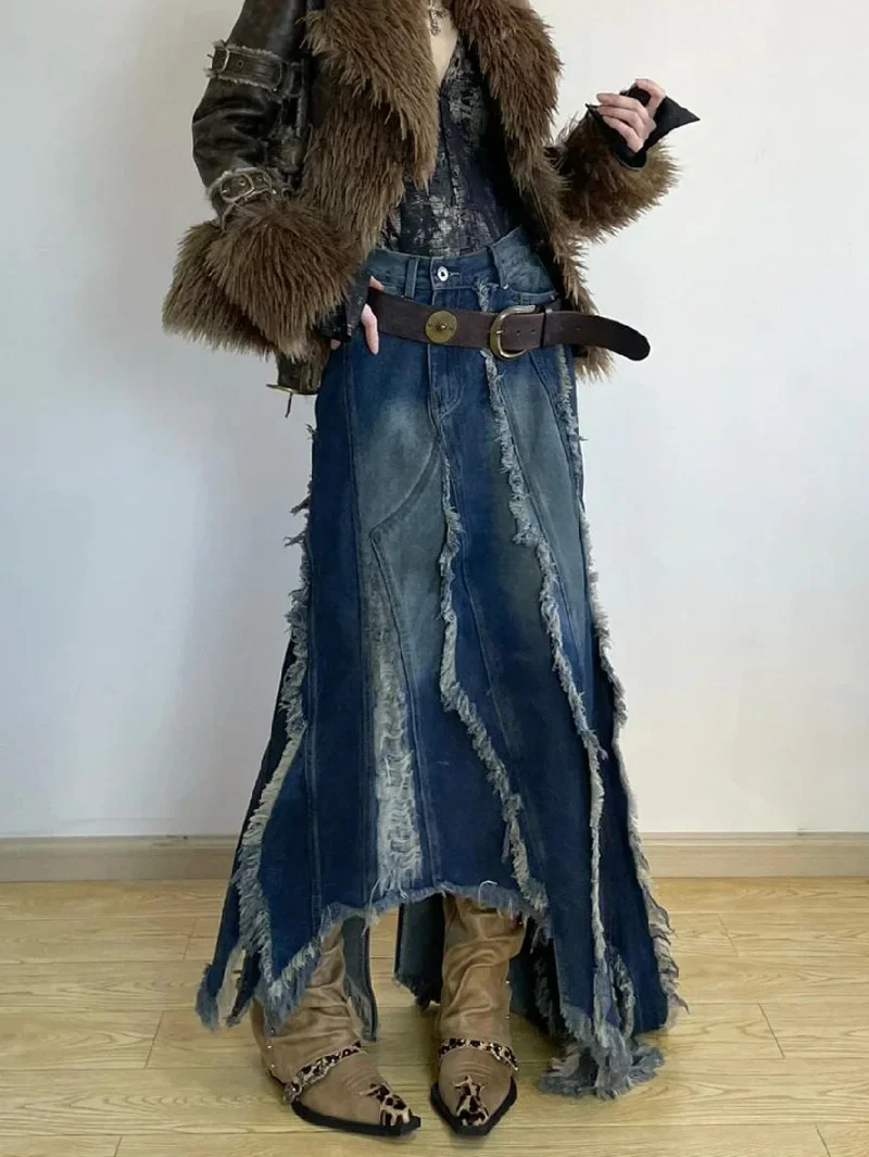

Long Harajuku Korean 90s Women Denim Skirt Y2k Emo 2000s Grunge Clothes Fashion Irregular Vintage Gradient A-line Jean Skirts