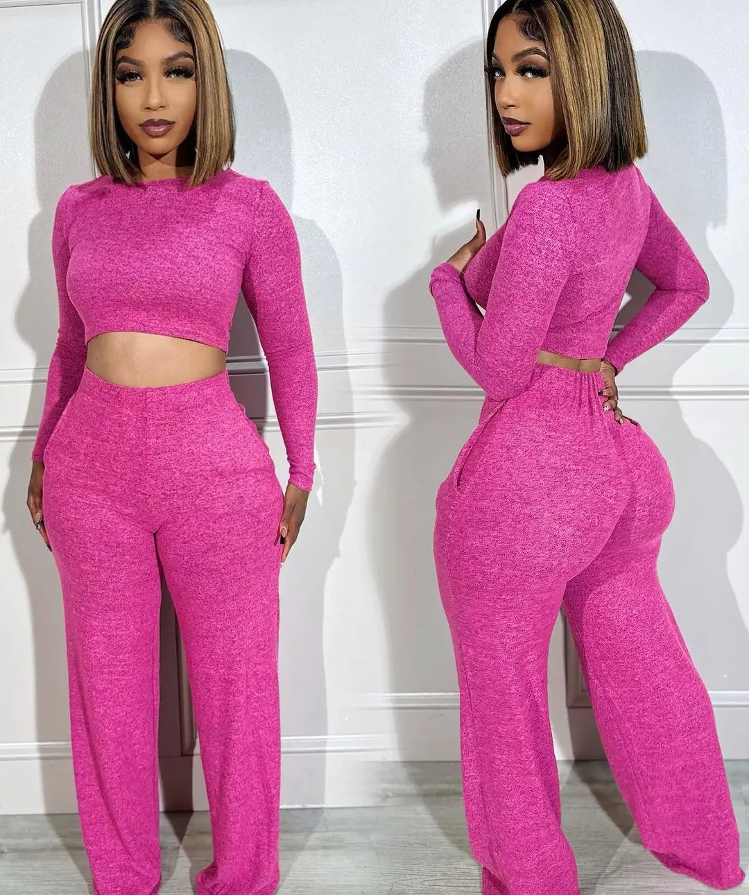Sexy Elegant Two Piece Pant Sets Women Winter Tracksuits 2023 Luxury Outfits Crop Tops Wide Leg Pant 2 Piece Pant Sets Joggers
