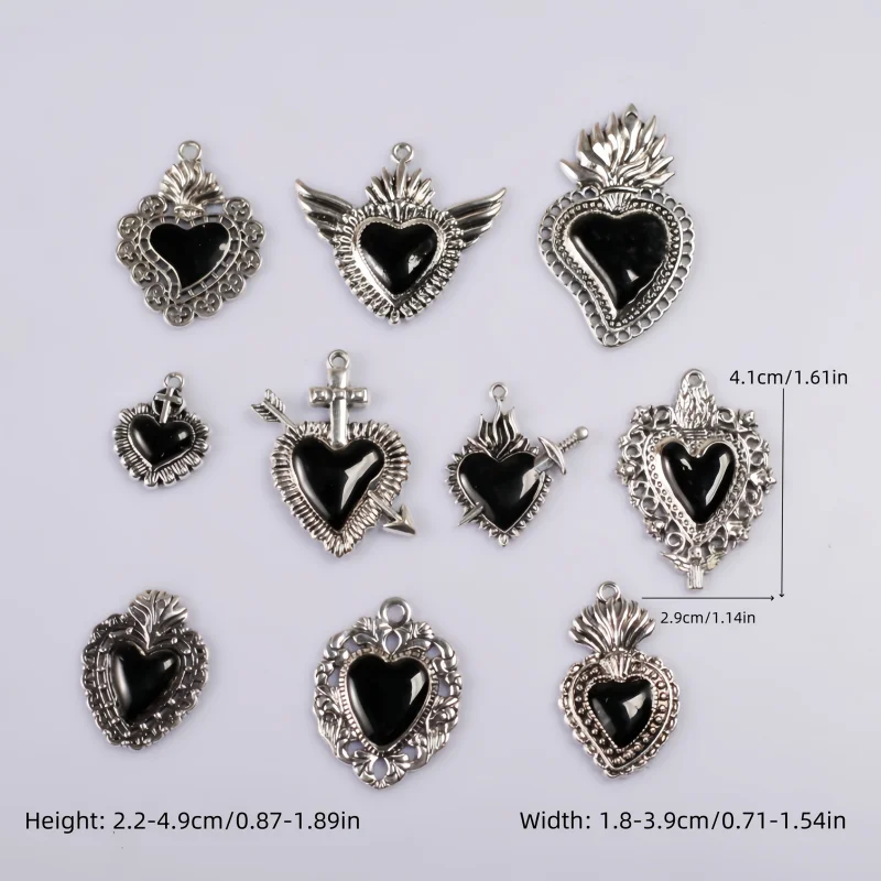 

10pcs Mixed Enameled Gothic Black Sacred Heart Metal Pendants DIY Charms Necklace Earrings Jewelry Making F4