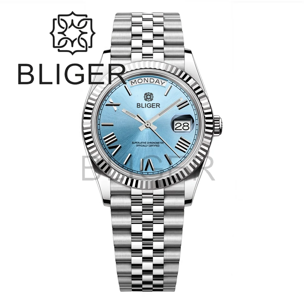 BLIGER Luxury Gradient Blue Men's Mechanical Automatic Watch Sapphire glass Week Day Dual Calendar 36mm39mm WaterproofWristwatch