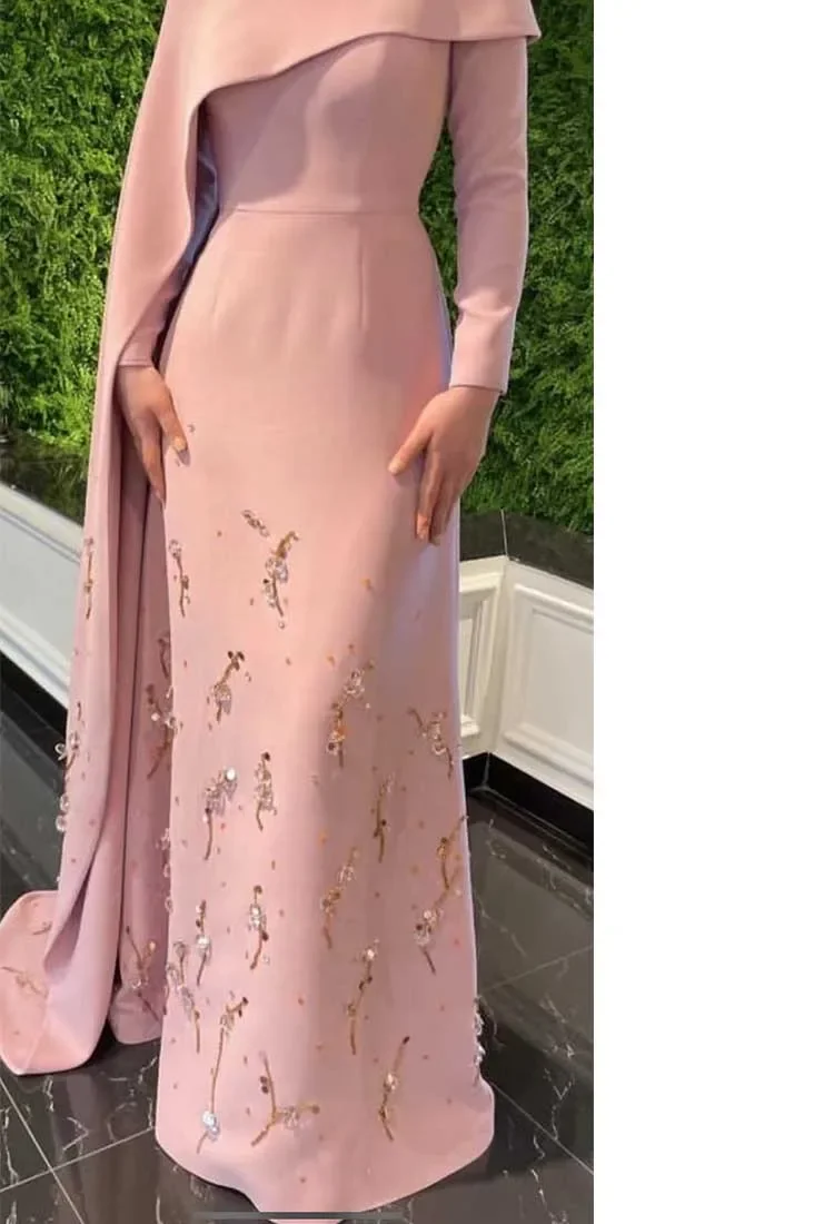 Customized Elegant Off The Shoulder Long Sleeves Pink Beaded Mermaid Vestidos De Fiesta فساتين سهره Evening Dresses Hot Sale