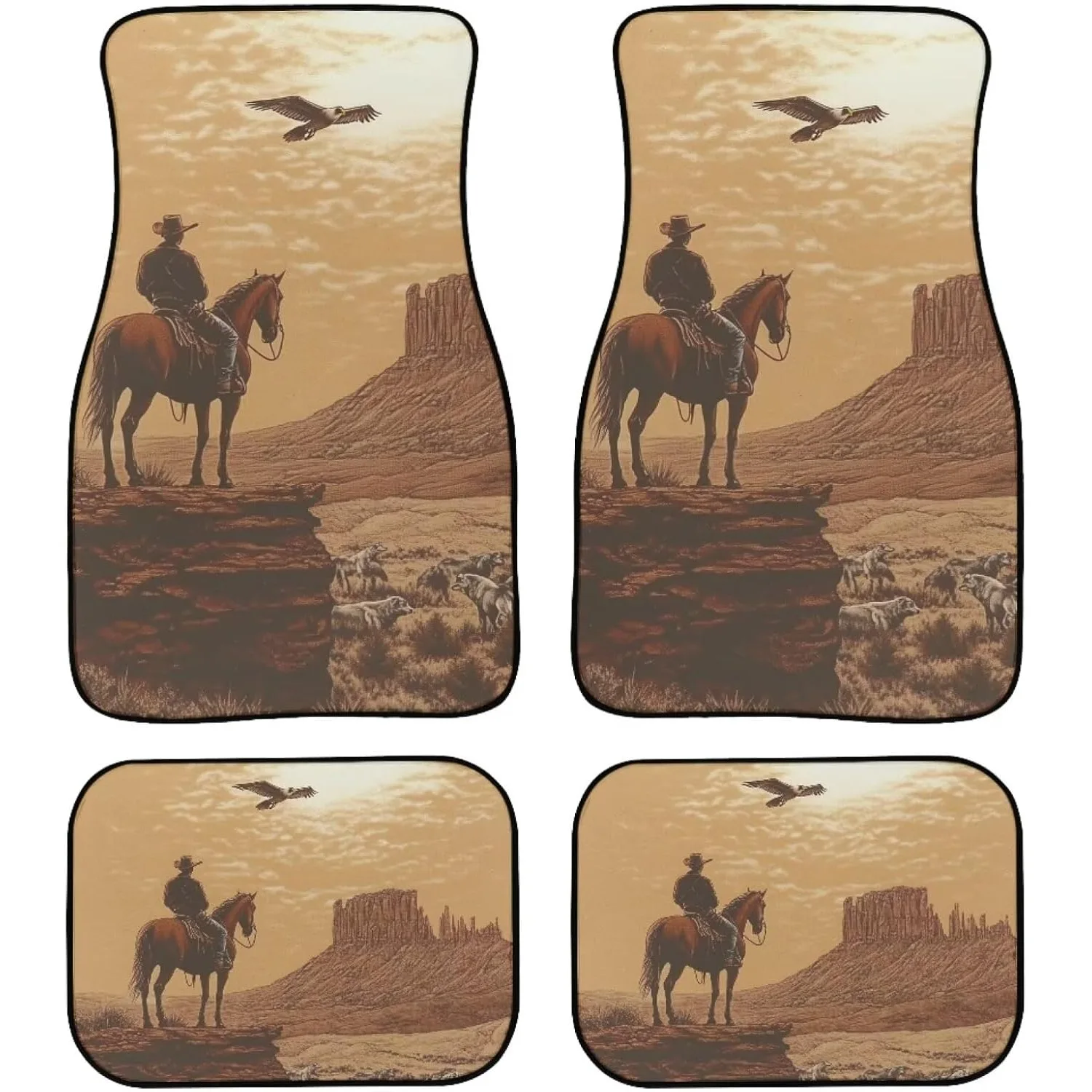4 Pack Car Floor Mats Full Set Wilderness Cowboy Solitary Riding Decorations Car Front And Rear Auto Floor Mat(Cowboy)