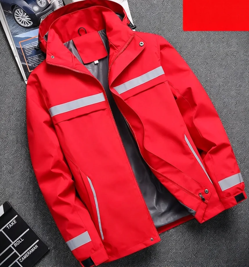 Asiatische Größe – Große Herren-Workjacke, wasserdicht, winddicht, leicht, mit reflektierenden Streifen für Bau und Outdoor