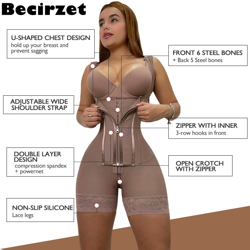 Becirzet High Compression Reductive Girdle Woman Abdomen Bodysuit Waist Trainer Tummy Slimming Steel Bone Open Crotch Shapewear