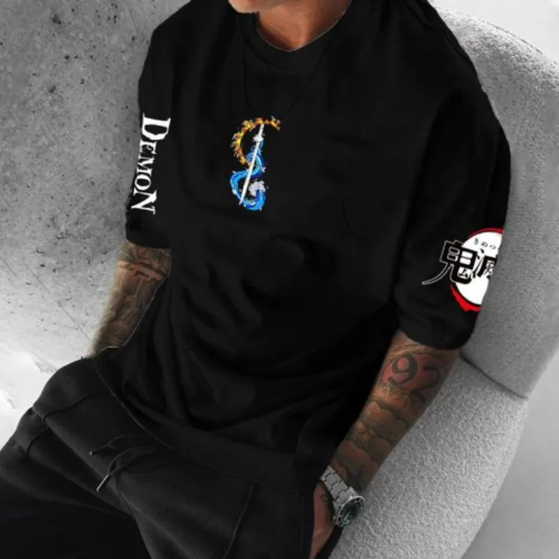 鬼滅の刃 アニメプリント メンズプラスサイズTシャツ 2025夏新作 原宿風 ルーズカジュアル 親子お揃い 半袖トップス