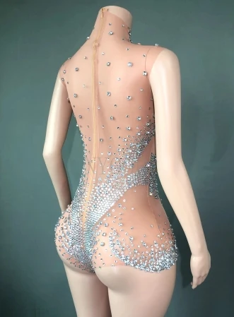 Cross-Border Diamond Dress, Sexy See-Through Net, cheio de cristal