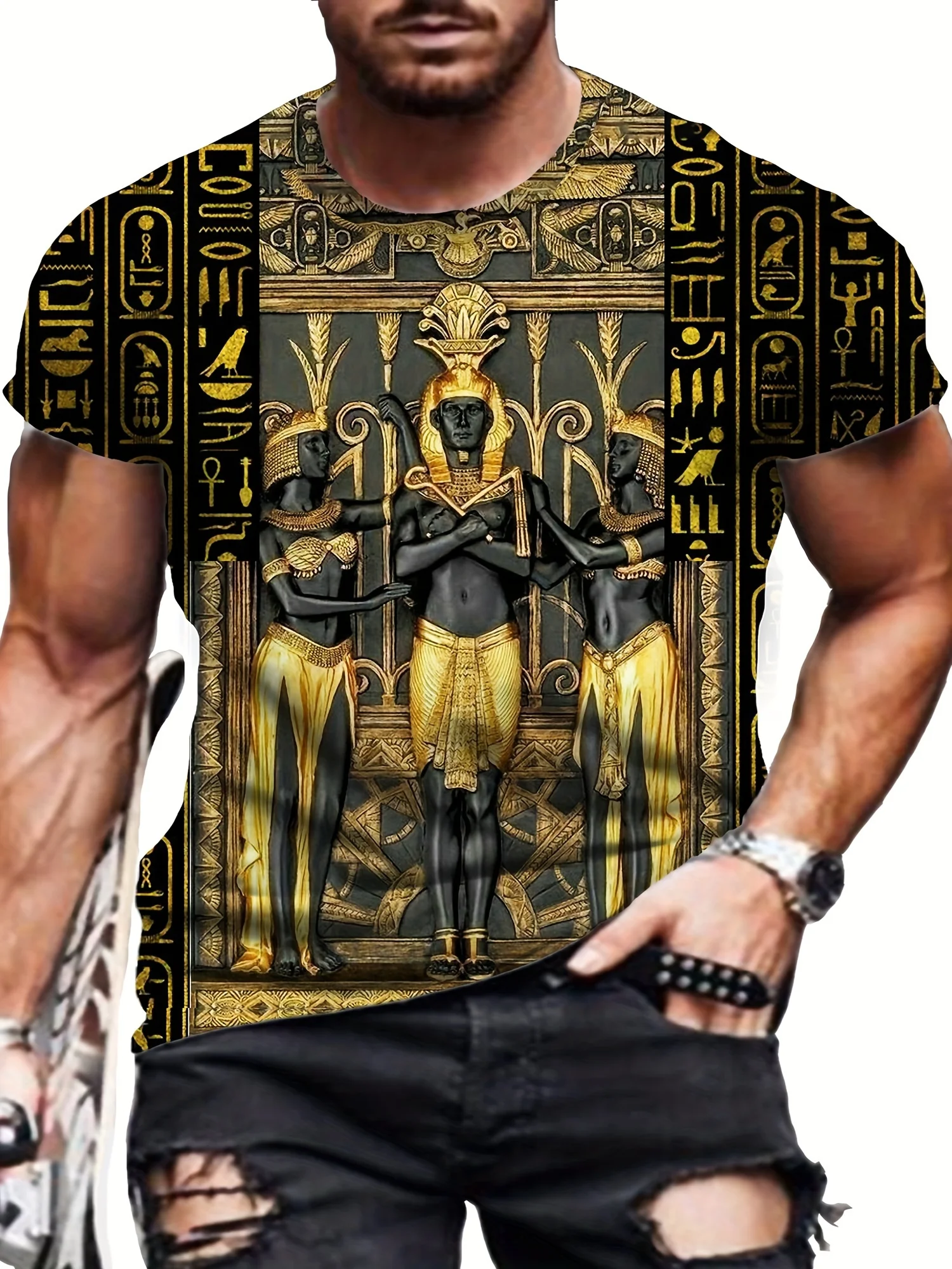 

3D Egypt Pattern Print Men's Crew Neck Short Sleeve Plus Size T-shirt, Lightweight Versatile Tee For Summer Daily Wear