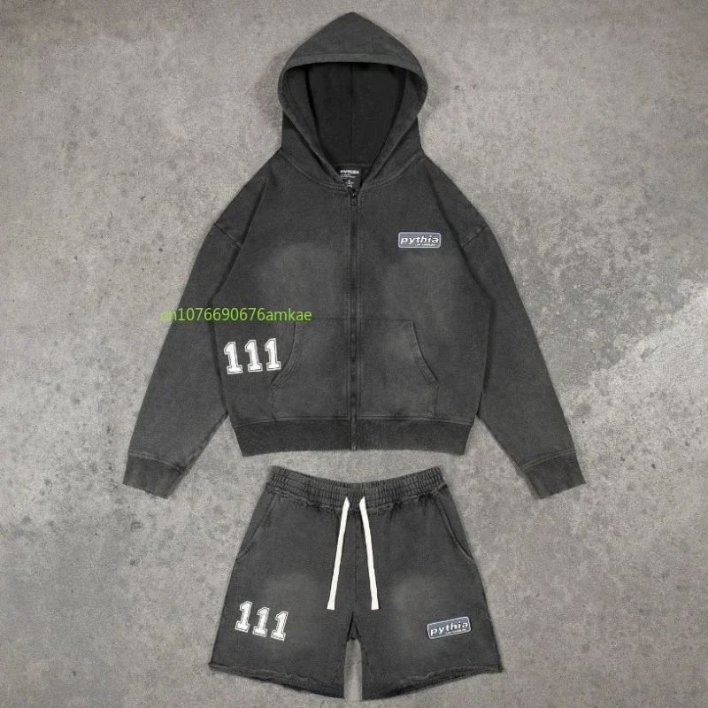 

Black Aged Washed Zipper Hoodie Shorts Set Men Women American Vintage 111 Print Design Two Piece Street Loose Hoodie Shorts Set