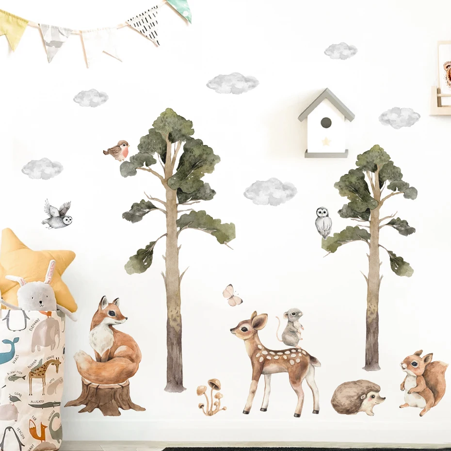 

Cartoon Cute Woodland Animals Deer Fox Tree Wall Sticker Watercolor Nursery Vinyl Wall Art Decals for Baby Kids Room Home Decor