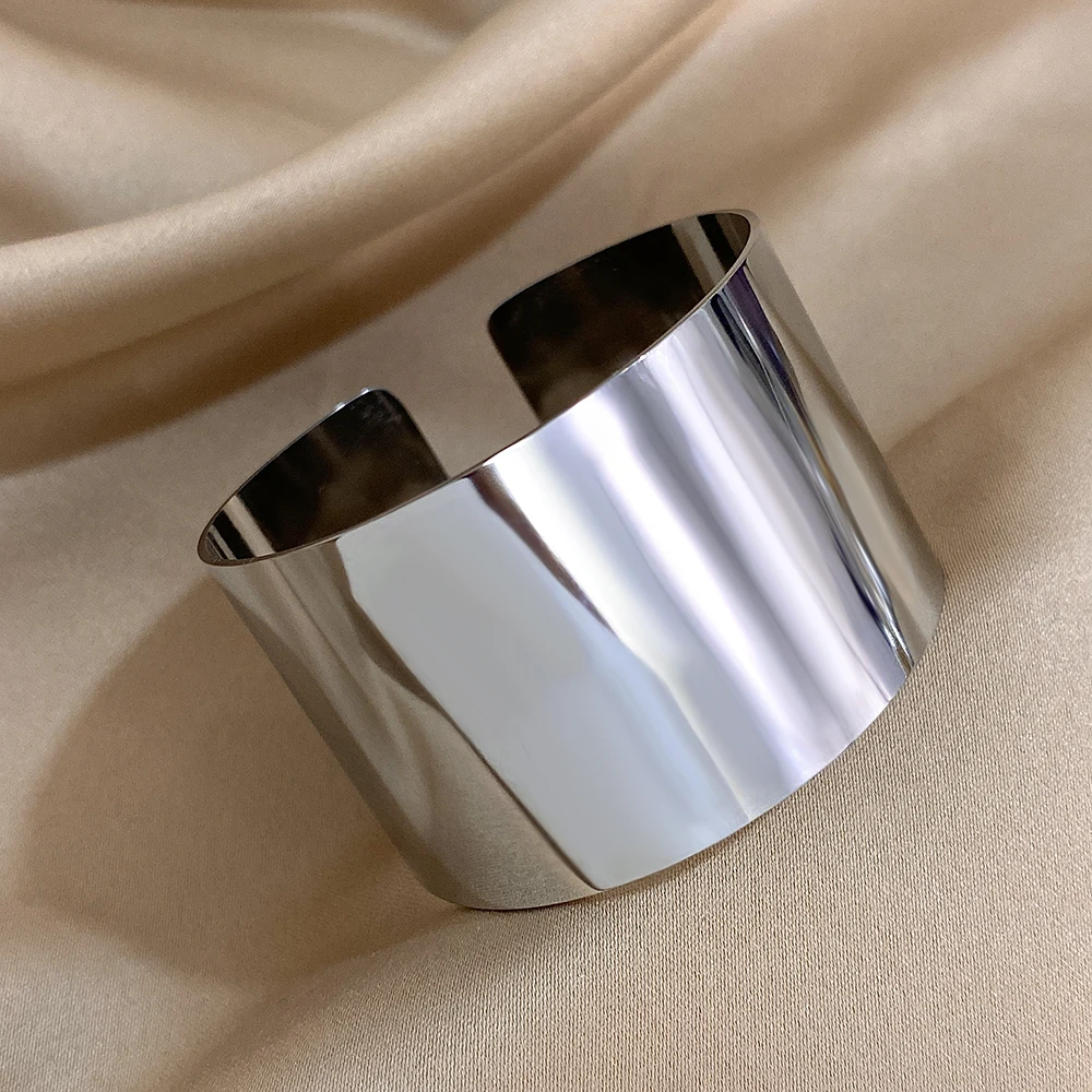 Minimalist Stainless Steel Wide Cuff Bracelets Bangles for Women Glossy Chunky Gold Silver Color Open Bangle Waterproof Jewelry