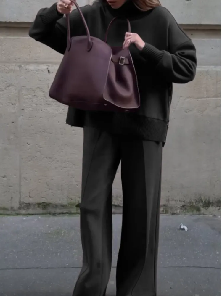 

Осенне-зимний топ с высоким воротником и длинными рукавами, свободные брюки с широкими штанинами и карманами, комплект из двух предметов, женский однотонный повседневный комплект брюк