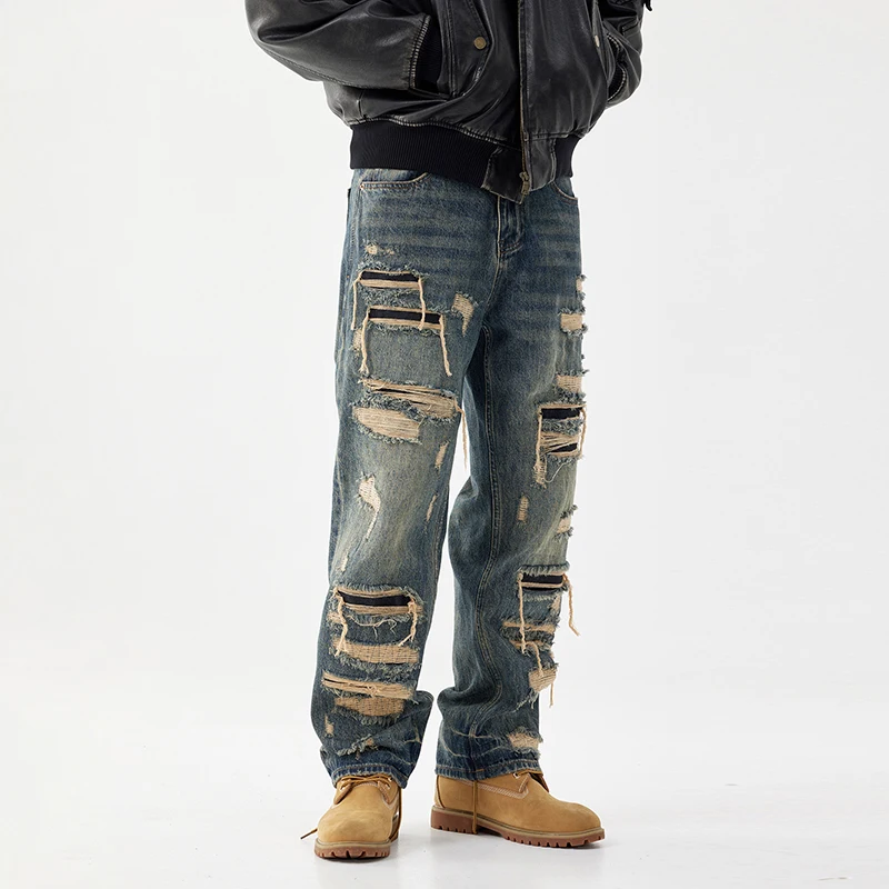 American heavy craft hole jeans men influx of loose straight pants street gangster handsome retro patches washed pants