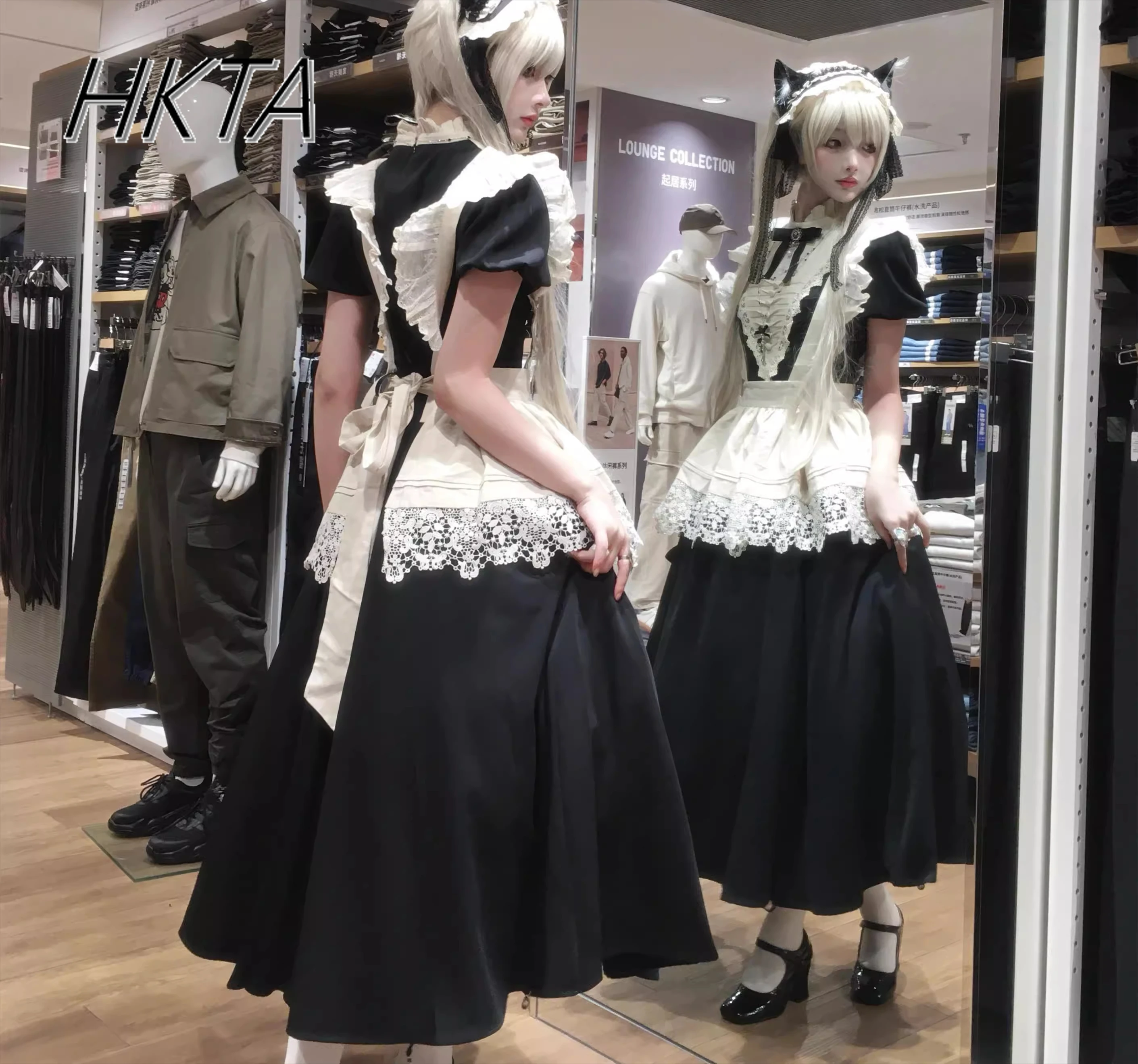Lolita Grembiule staccabile Manica lunga Pizzo A Line Bow Abiti lunghi Donna Primavera Dolce e carino Cospiay Costume Maxi Abiti Ragazze