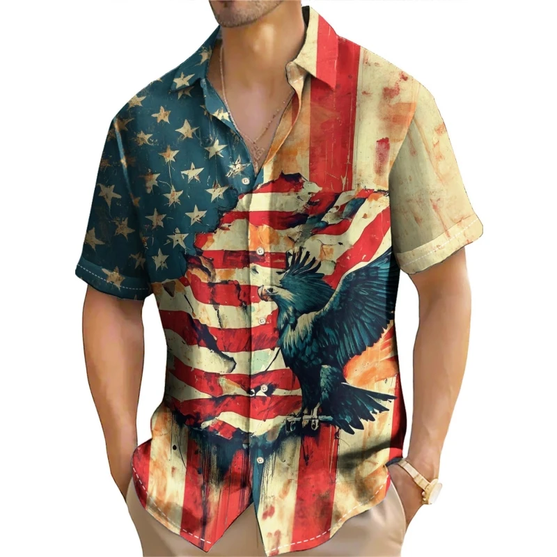 

Retro Men's Shirt 3d American Flag Print Hawaiian Shirts For Men Summer Casual Short Sleeve Shirts Loose Oversized Man Clothing