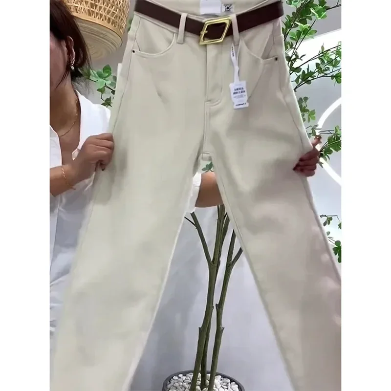 Calça jeans feminina forrada de lã solta perna reta outono inverno novo estilo emagrecimento tamanho pequeno versão estreita calças compridas