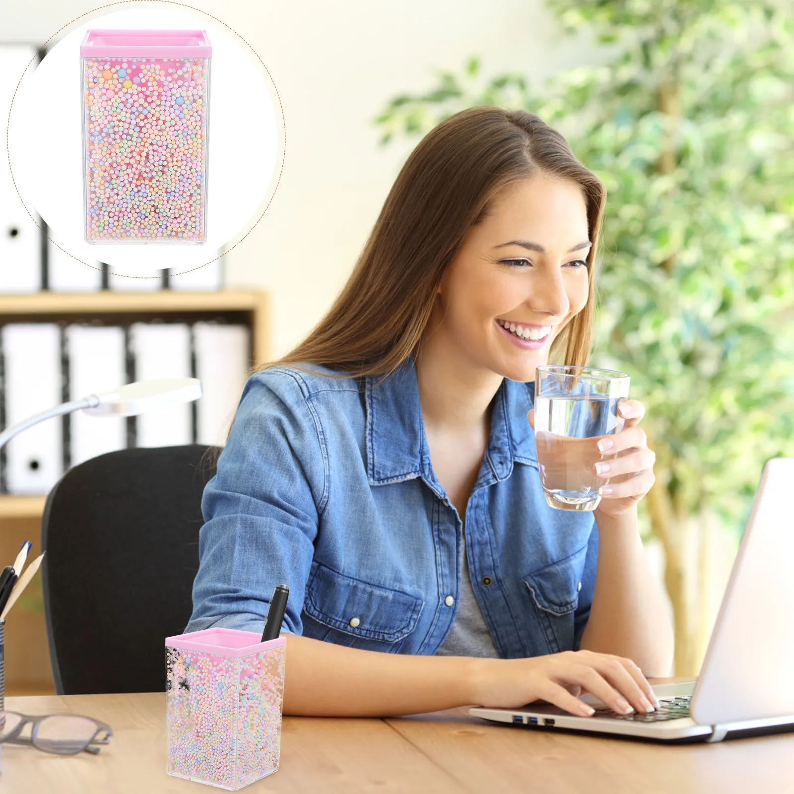 Acrylic Bubble Ball Pen Holder Square Desktop Pencil Cup with Colorful Floating Balls for Desk Organization School Office