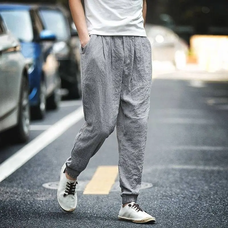 2024 Summer Thin Style Harajuku Men Casual Large Size Loose Foot Binding Cotton Linen Solid Color Ventilation All-match Trousers