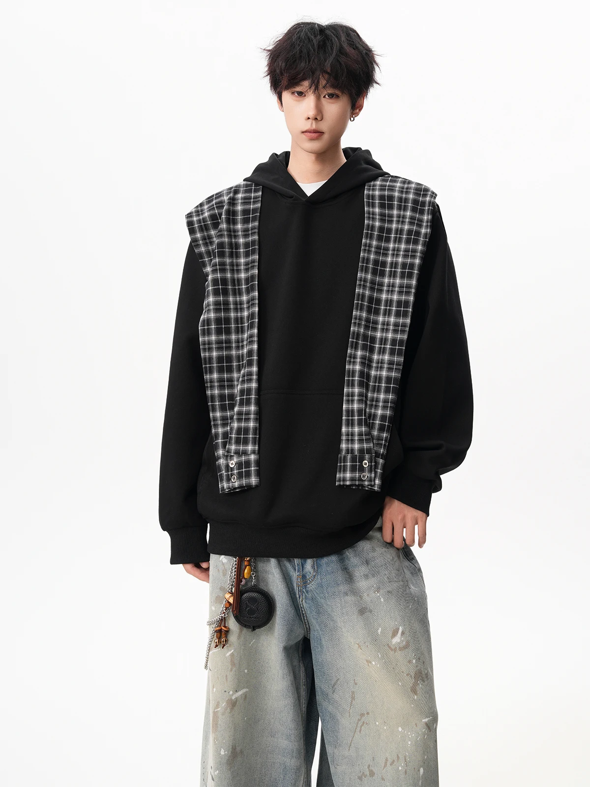 Spring and Autumn American Style Fake Two-Piece Black Plaid Shawl Sweatshirt Men's Loose Casual Versatile White Hooded Jacket