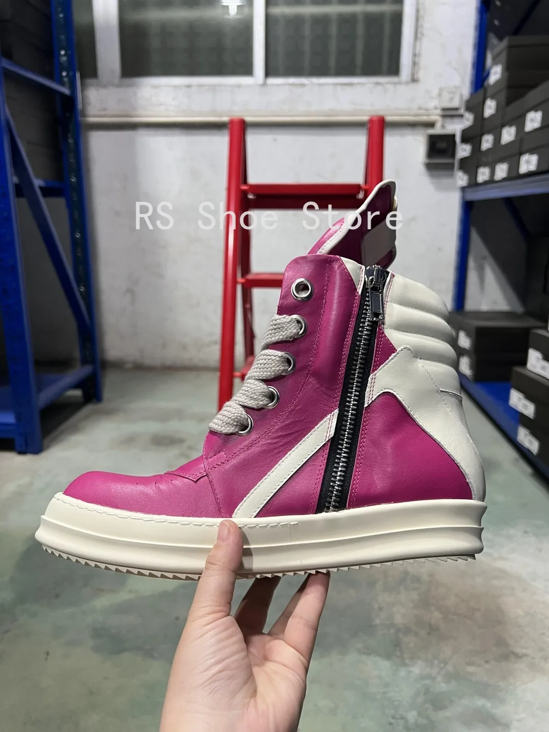 

Ro Men Shoe Rose Pink Leather Boots High Top Casual Shoes Jumbo Laces Sneaker Zipper Women Sneakers Suede Ankle Boot