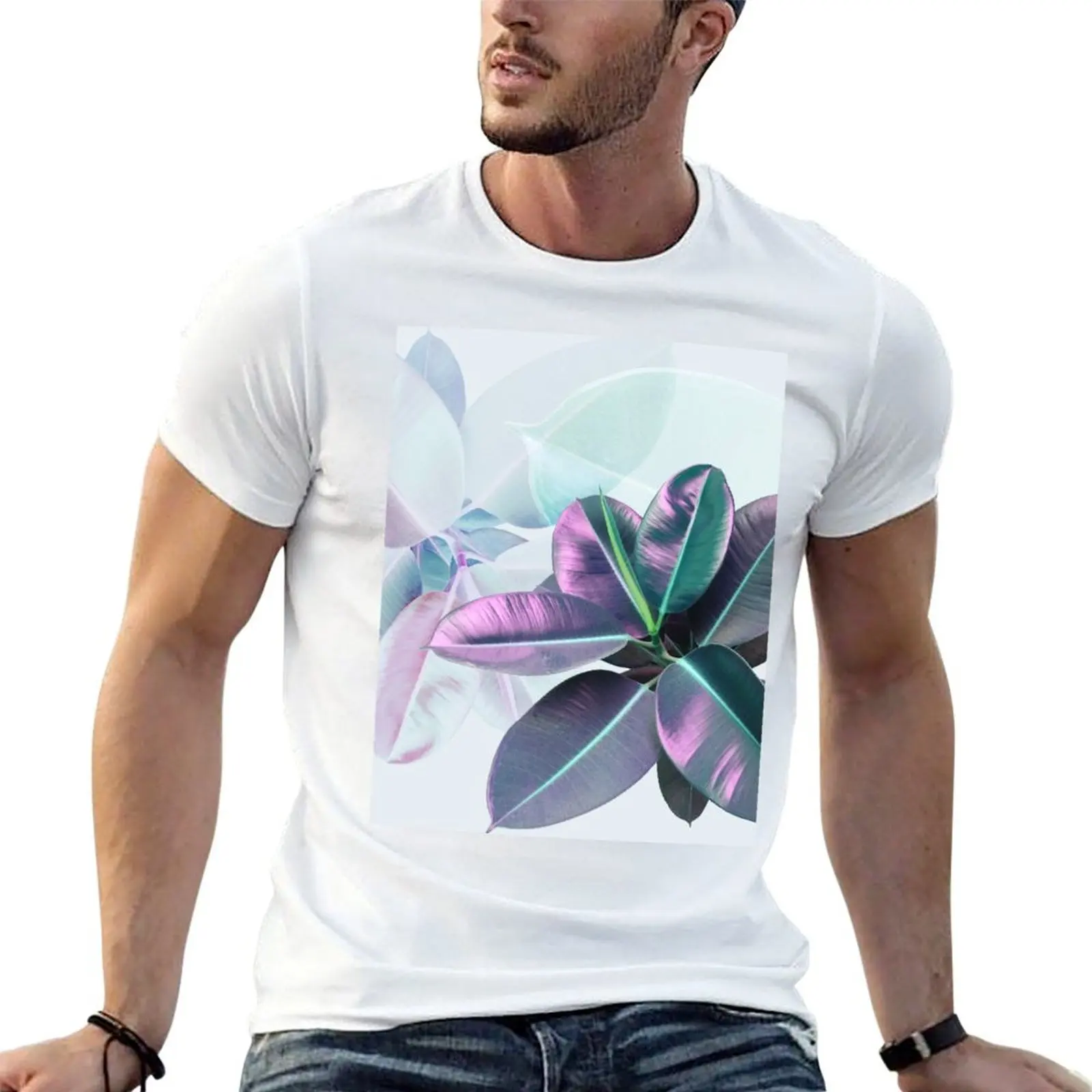 Violet Tropical Plant, Ficus Elastica T-Shirt Basic Short Sleeve T-Shirt for Men