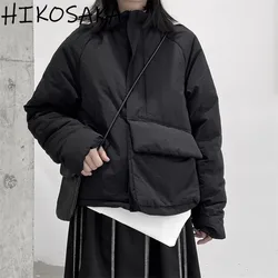 Harajuku Streetwear Punk Black Parkas Stand Collar Irregular Pocket Warm Coats 2024 Winter Casual Fashion Long Sleeve Jacket