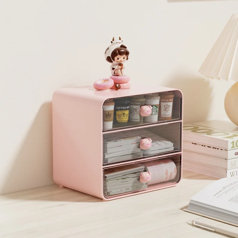 

Three Drawer Desk Organizer with Cute Pig Handles Transparent Compartments for Stationery and Small Items Storage