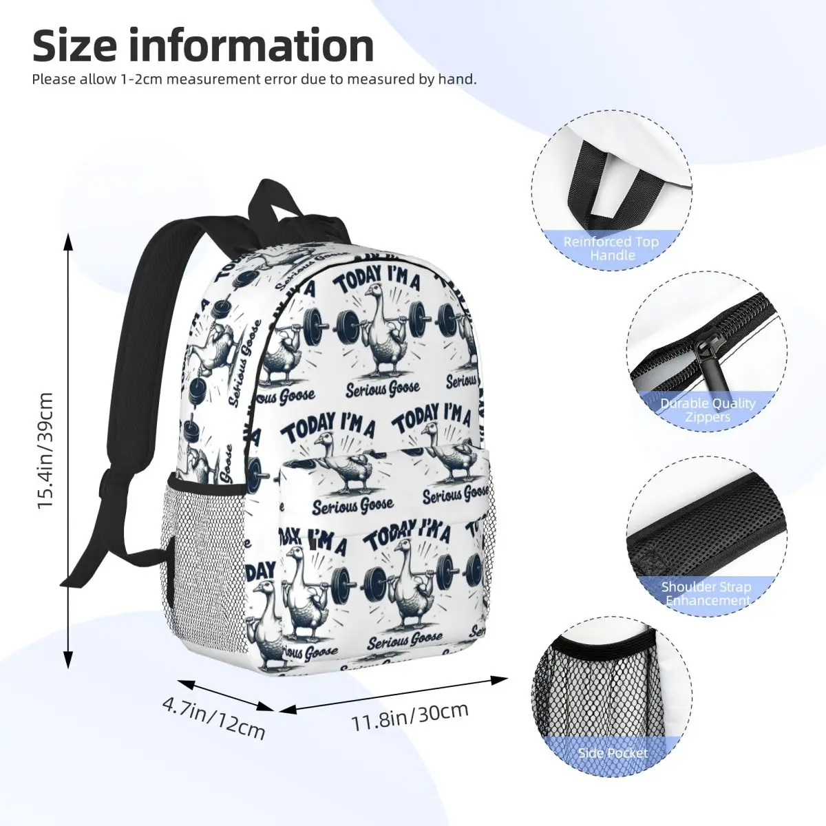 Today I'm A Serious Goose Lifting Weights Gym Backpack Student Boys Girls BookBag Men Women School Bag Computer Shoulder Bags