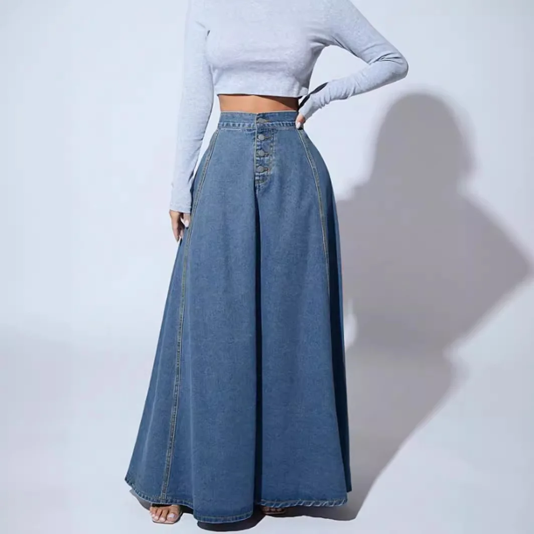 Denim Skirts for Women Vintage Casual Long Skirt High Waist Washed Distressed Single Breasted Female A Line 2025 Streetwear