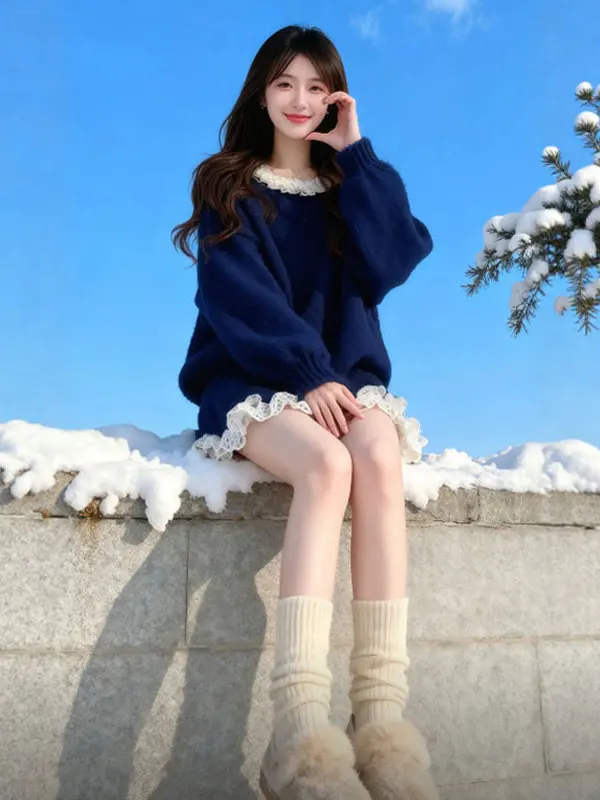 

Комплект с мягкой юбкой-свитером Cute Agel Winter Outfit 2026 Faion Ensemble, круглая юбка с высокой талией Ne Long Sve