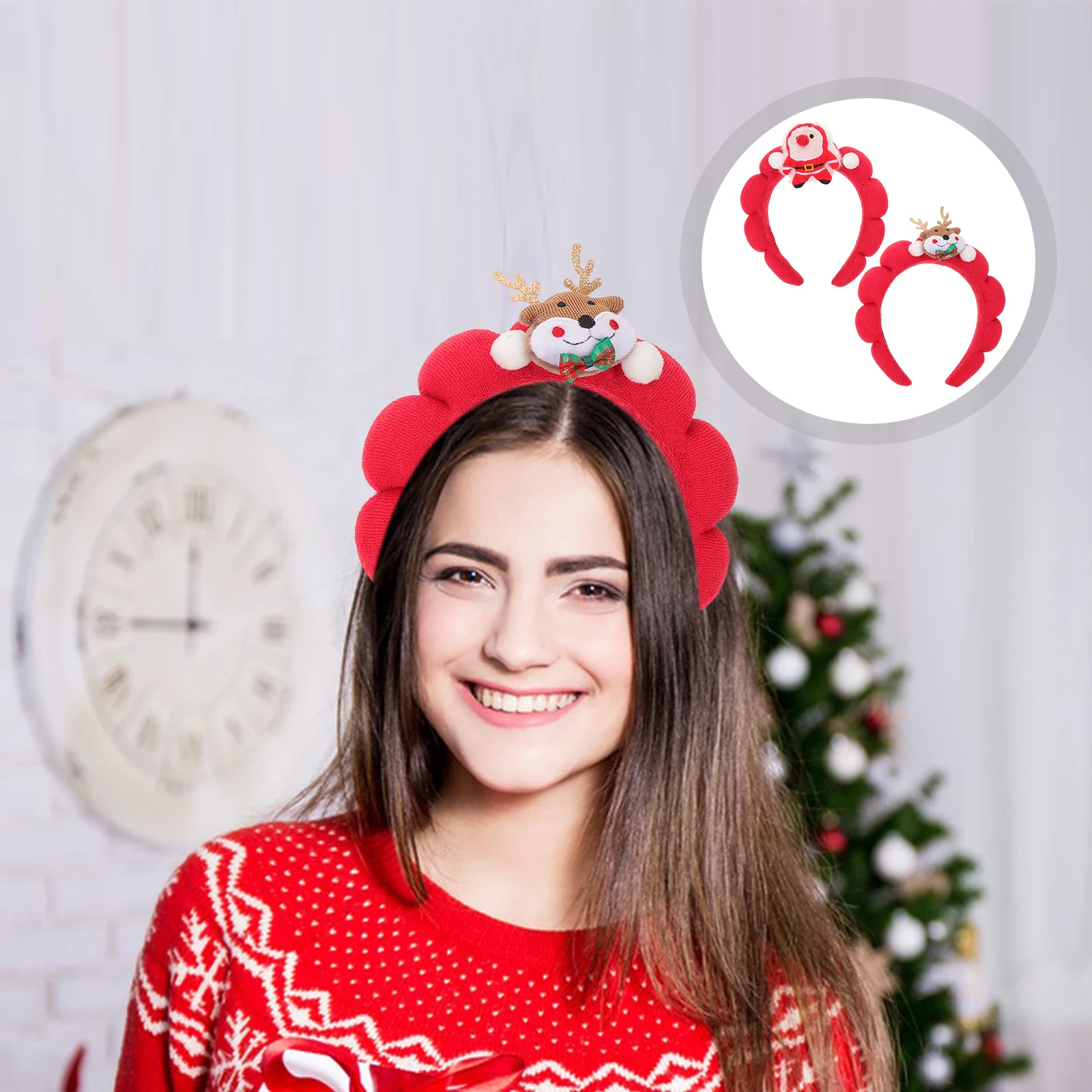 

2Pcs Santa Claus and Reindeer Headbands Christmas Hair Accessories Holiday Party Headwear Festive Xmas Photo Booth Costume Gifts