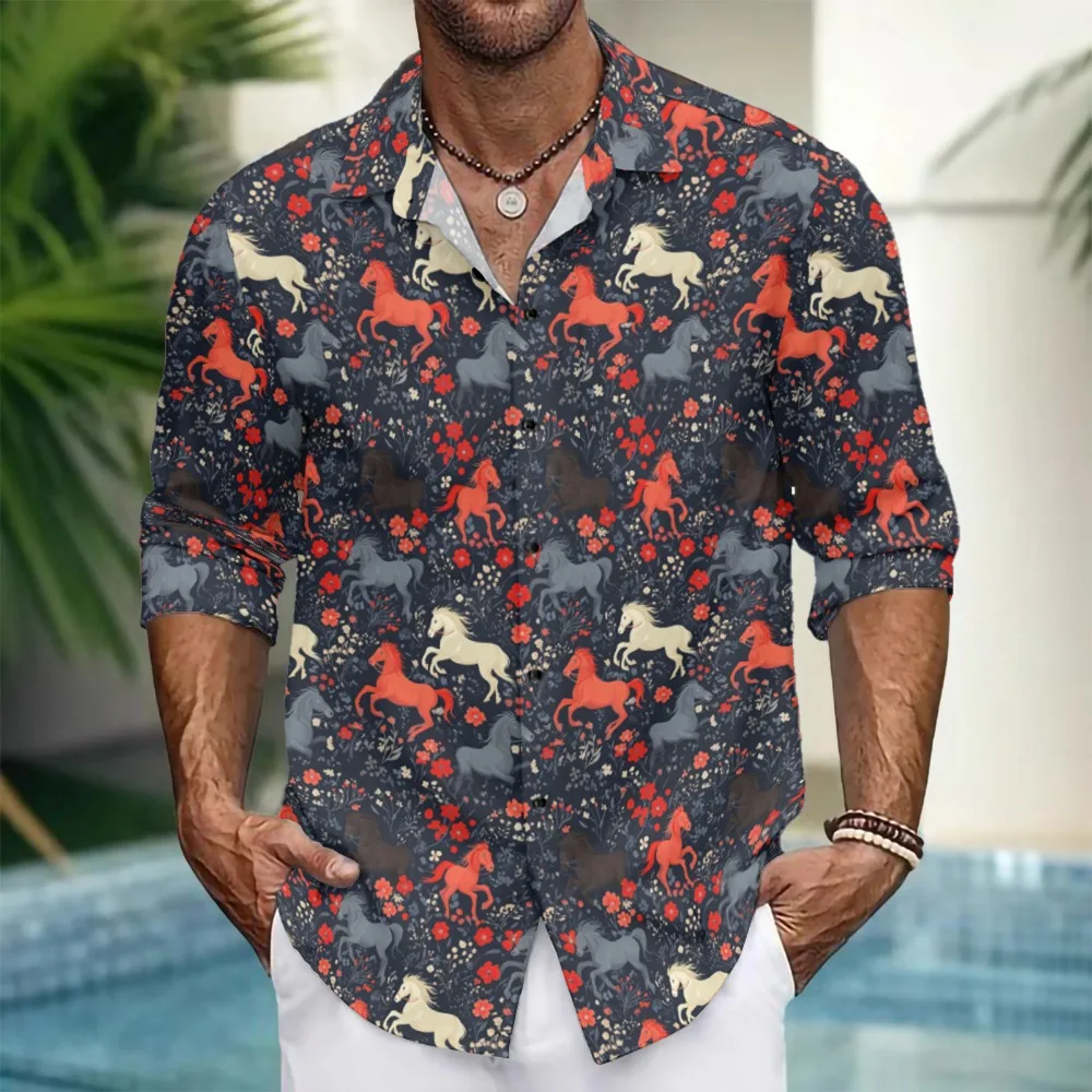 

Гавайские рубашки на пуговицах для верховой езды с цветочным принтом и длинными рукавами, уличная одежда, повседневная мужская летняя каникула, пляжные вечеринки