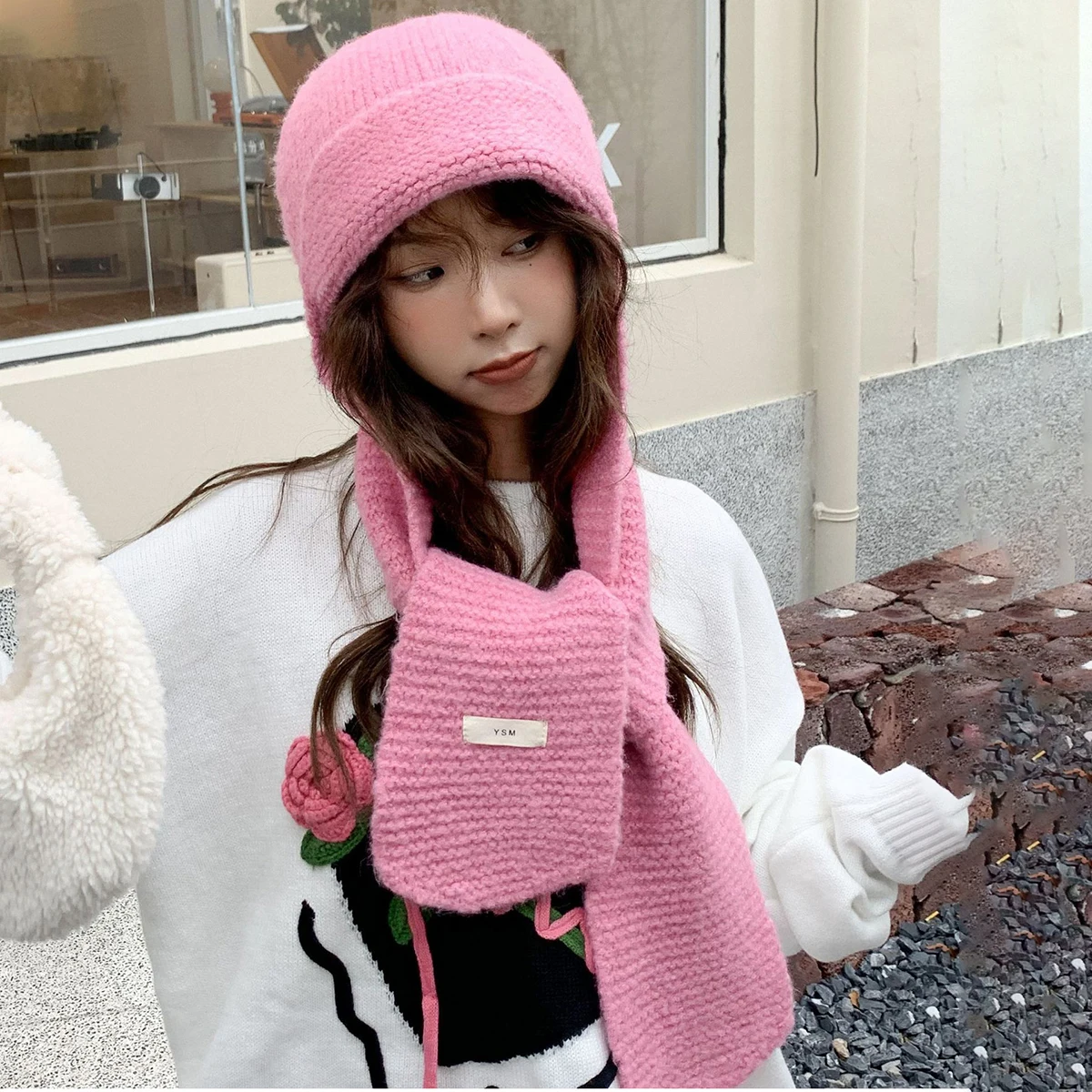 Women Hat Scarf Set Winter WARM Knit Beanies Neck wraps All-in-one cap Solid Black White Pink Purple Beige Knitting Caps Female